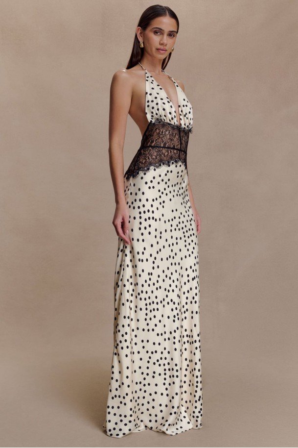 Макси рокля Elysia Polka Dot с дантела и отворен гръб